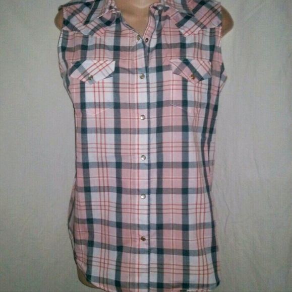 Wrangler Wrancher Pearl Snap Plaid Sleeveless Western Shirt Women's Large L EUC - Picture 4 of 11